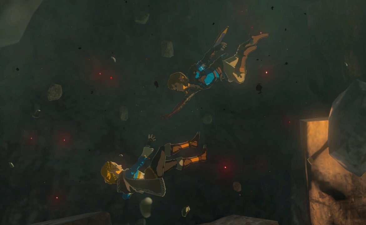 Link probeert Zelda te redden terwijl ze valt